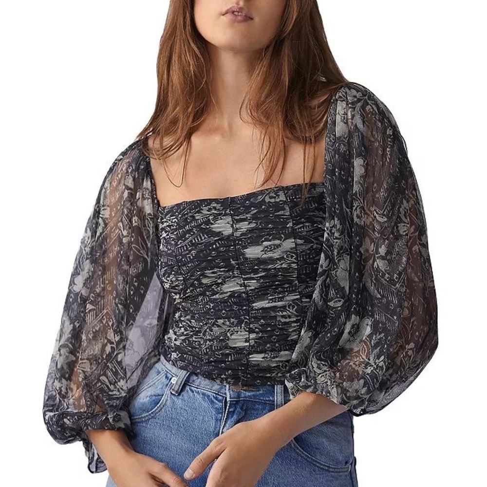 Free People Lilia Navy Floral Ruched Mesh Crop Top Size Medium
